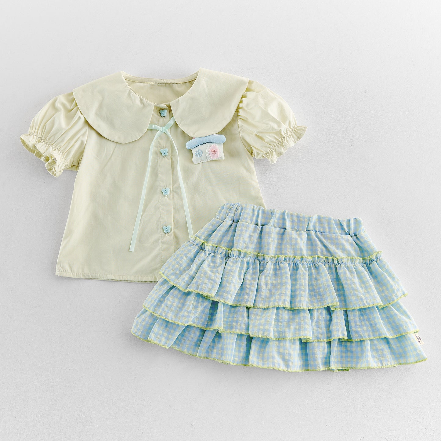 Gingham Ruffle Layered Skirt Doll Shirt Set チェック 半袖ブラウス キュロットスカート セット【mh0013437】