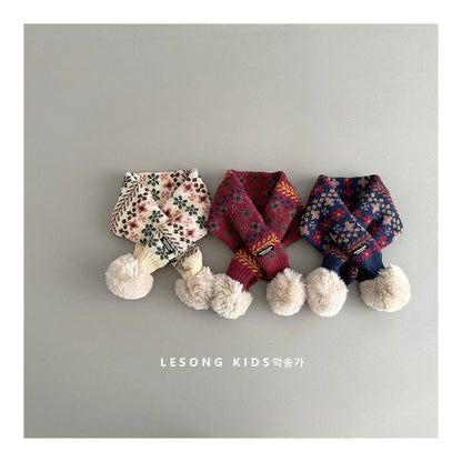 キッズマフラー ニット 花柄 ぽんぽん ネックウォーマー【mh0011825】