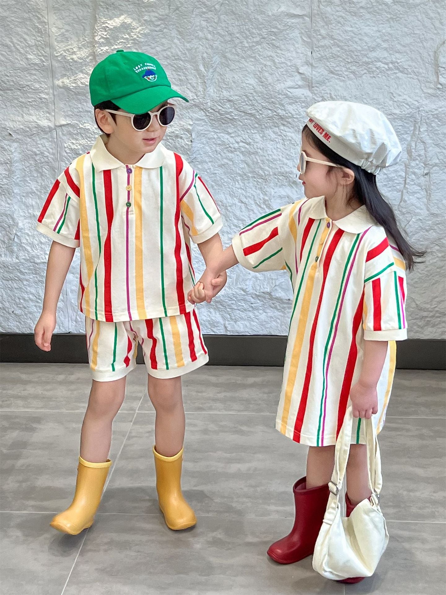 Polo de rayas de colores para niños, pantalón corto, vestido [mh0001948]