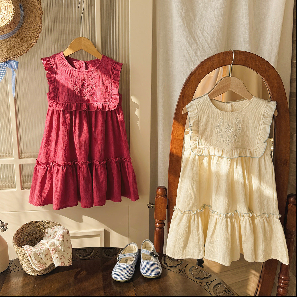 French Vintage Flower Embroidered Dress フレンチ ノースリーブワンピース【mh0013654】