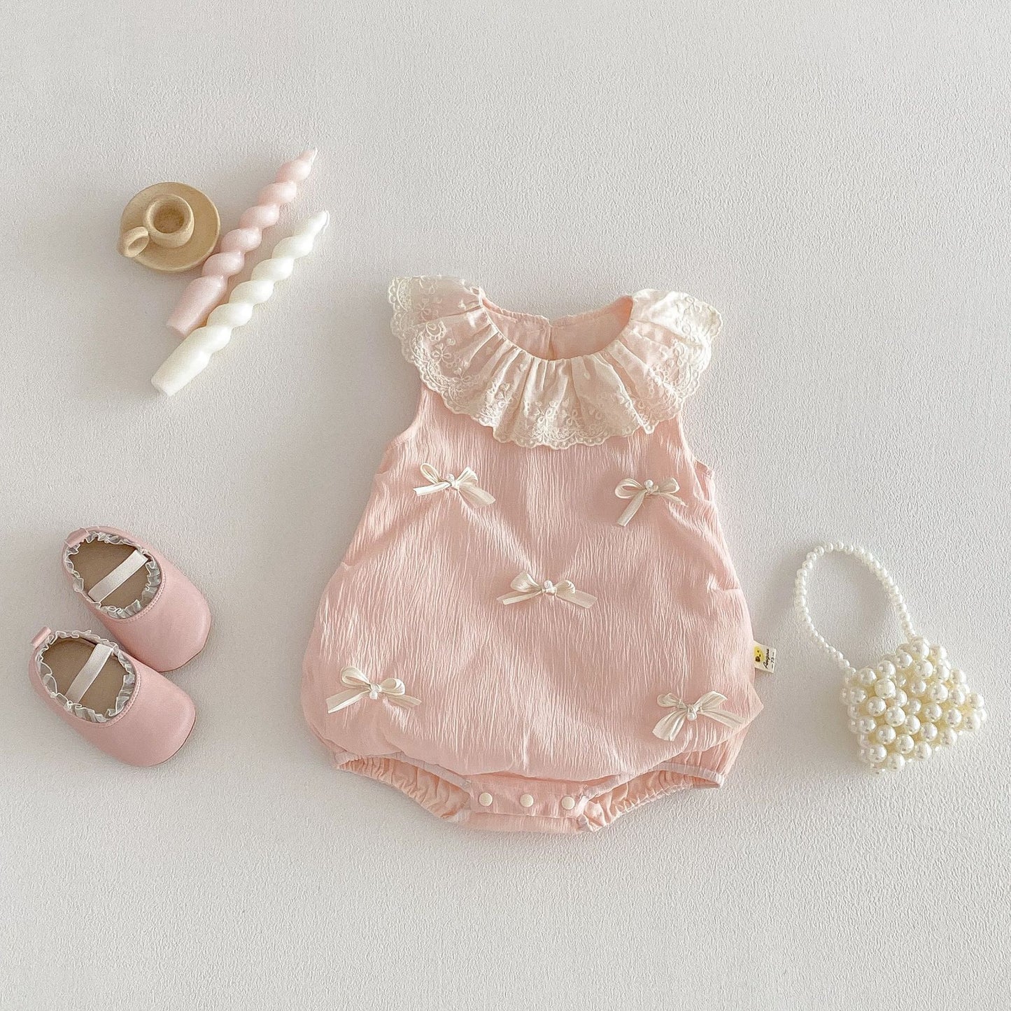 Sleeveless Lace Collar Bow Romper mameluco con lazo en el cuello de encaje sin mangas【mh0013435】