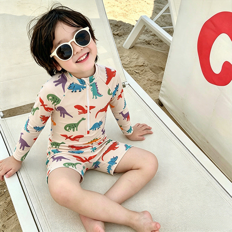 Long-Sleeve Dinosaur One-Piece Swimwear Swimcap Set ラグラン 長袖水着 帽子セット【mh0013338】