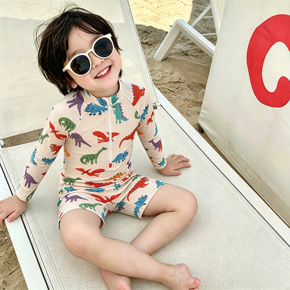 Long-Sleeve Dinosaur One-Piece Swimwear Swimcap Set ラグラン 長袖水着 帽子セット【mh0013338】