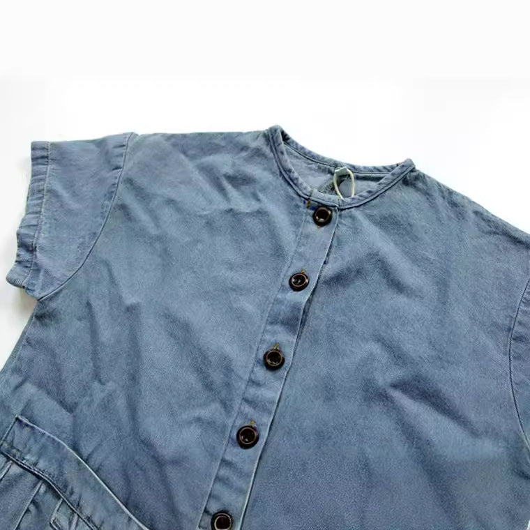 Kids' Denim Button Pocket Loose Short-Sleeve All-in-One [mh0000538]