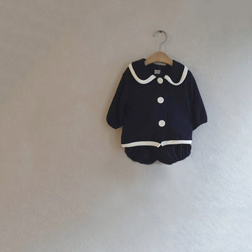 College Style Knit Cardigan & Shorts Set コントラストライン ニット セットアップ【mh0012675】