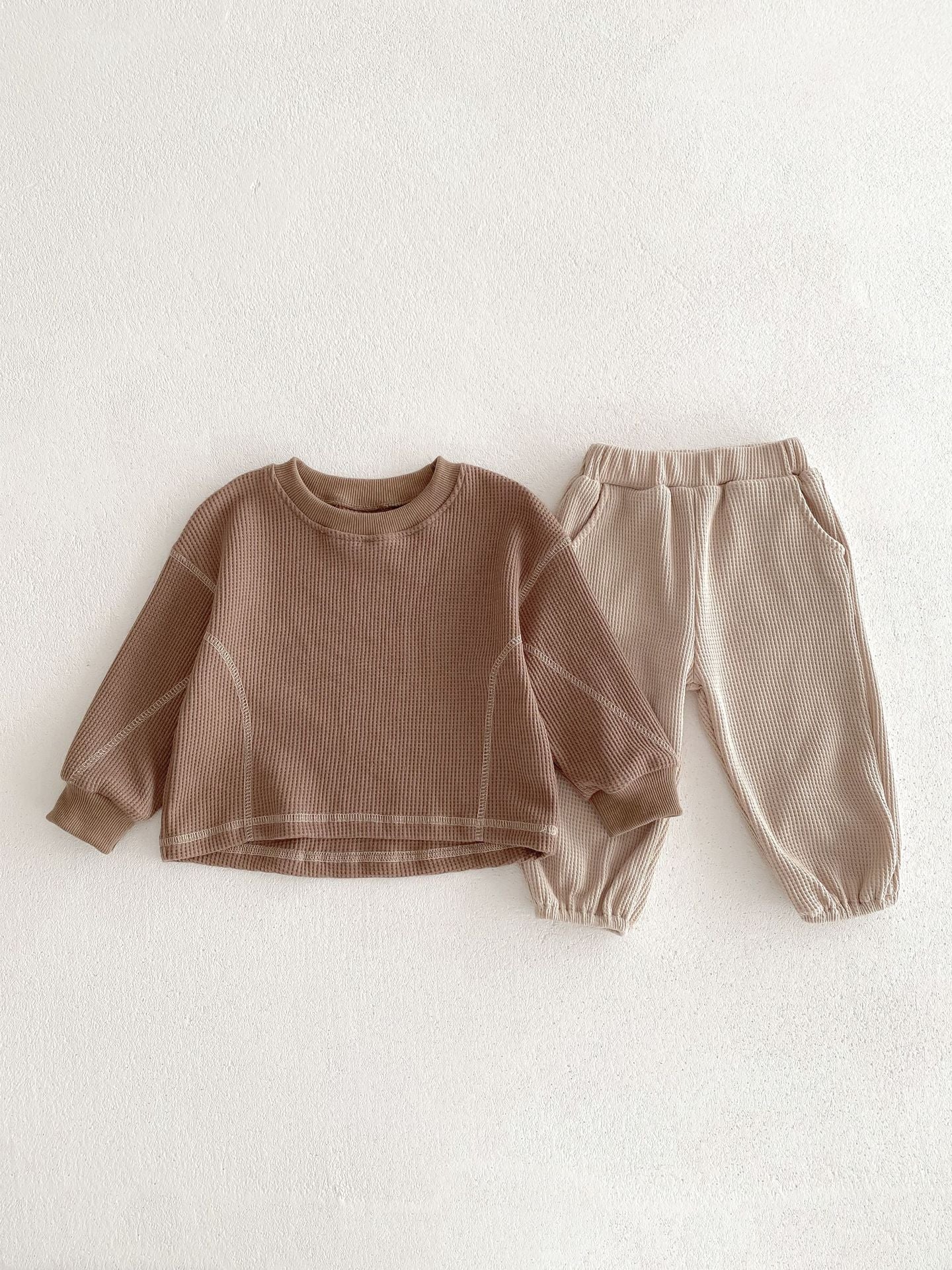 ベビーセットアップ 2点セット ワッフル 長袖Tシャツ パンツ ベージュ ボーイズ 男の子 子供服【mh0003190】