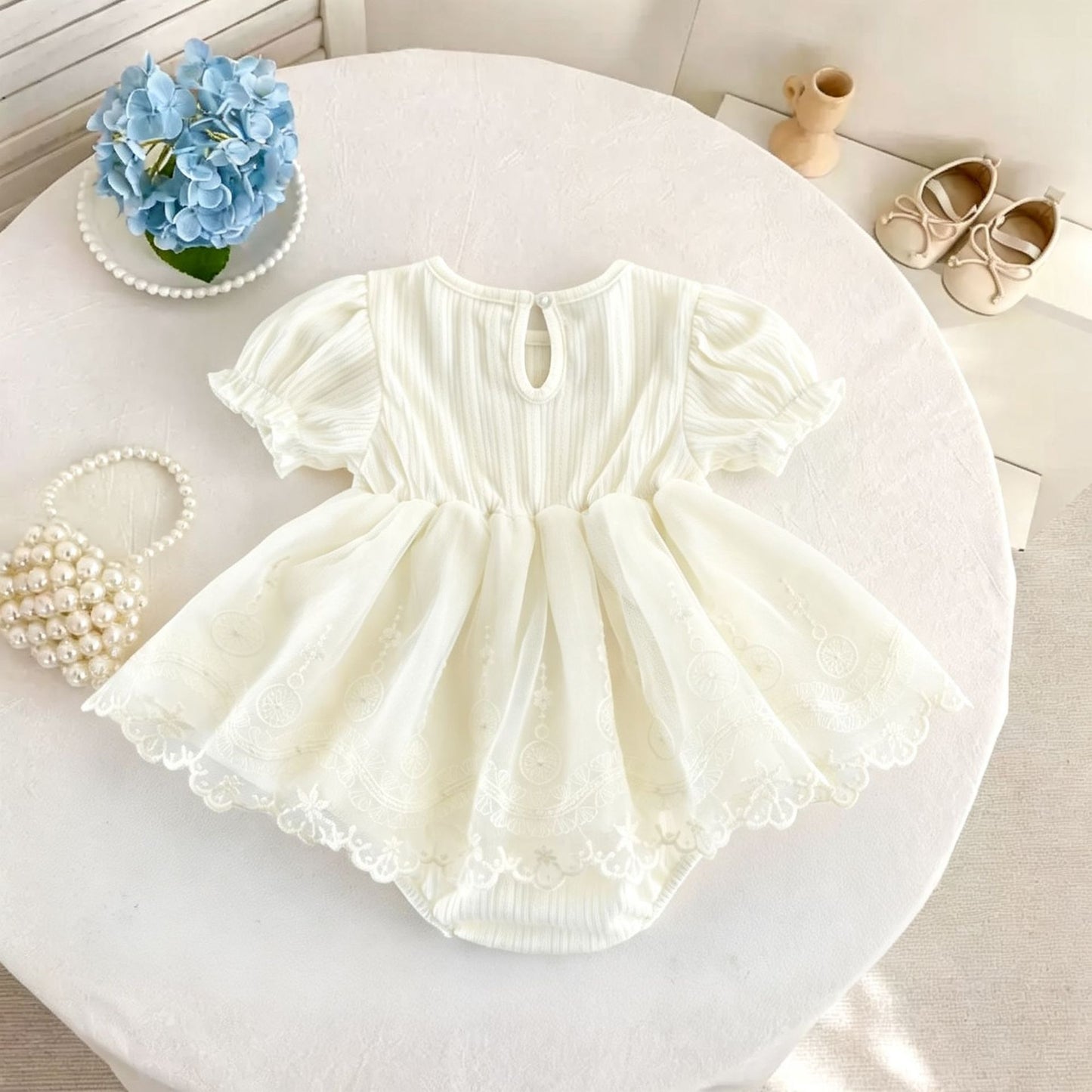 Lace Ruffle Mesh Patchwork Puff Sleeve Romper レース 半袖ロンパース【mh0013433】
