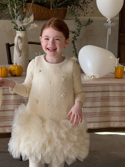 ノースリーブワンピース フリース ボリュームチュールスカート ビーズ刺繍【mh0011887】