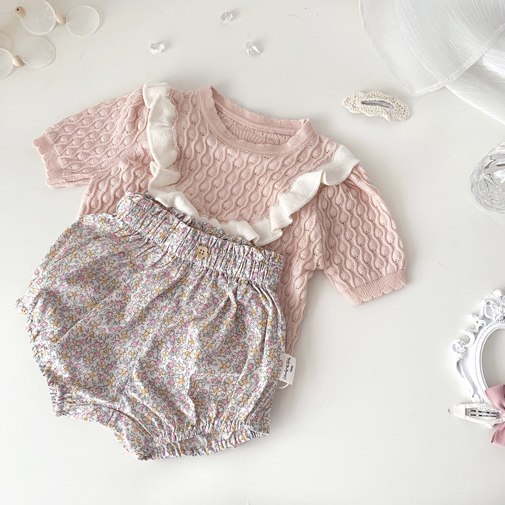 Baby Kids Openwork Knit Ruffled Summer Top Backless Short Sleeve T-Shirt [mh0002013]