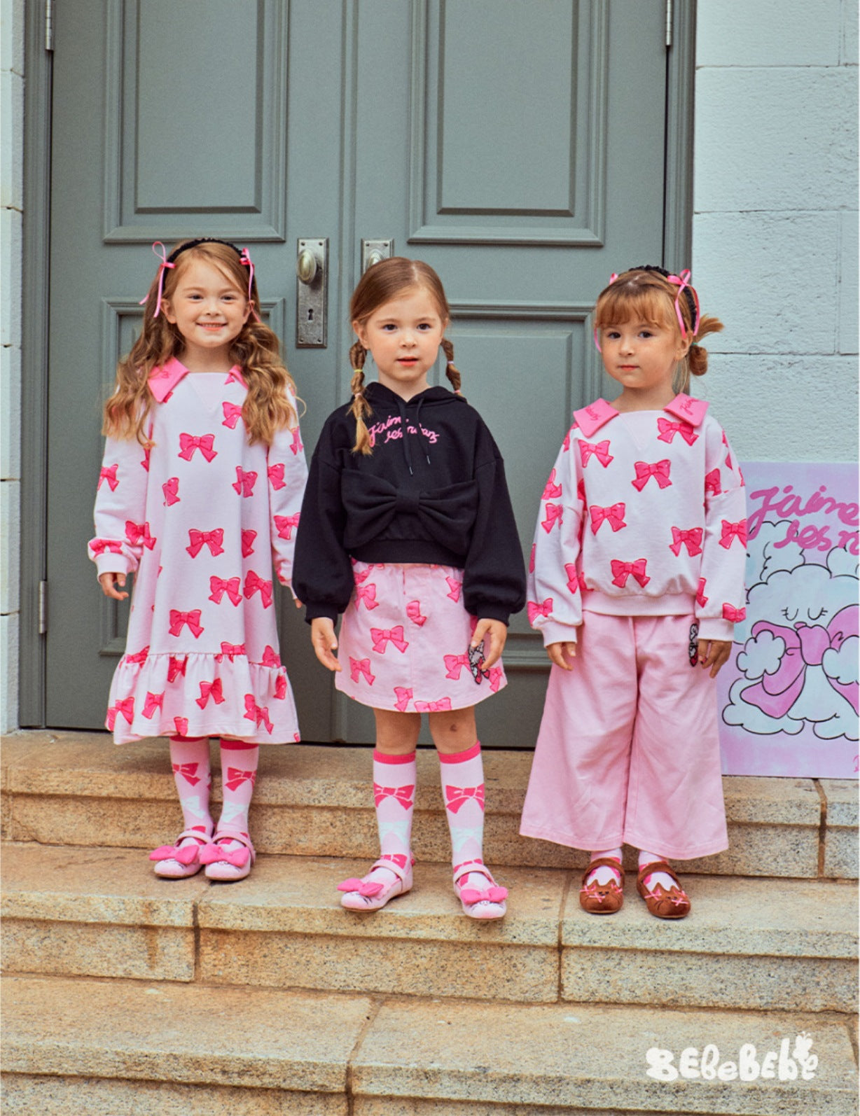 -リボン柄ビッグカラー長袖スウェット/フリル付きミニスカートセットアップ 2点セット【mh0010980】 - mamahalo shop - 長袖セットアップ -  べビー服 - 子供服 - 男の子 - 女の子