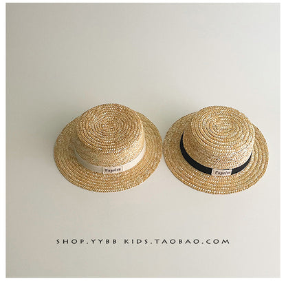 Kids' Logo Ribbon Straw Hat with Chin Strap Boater Hat [mh0000861]