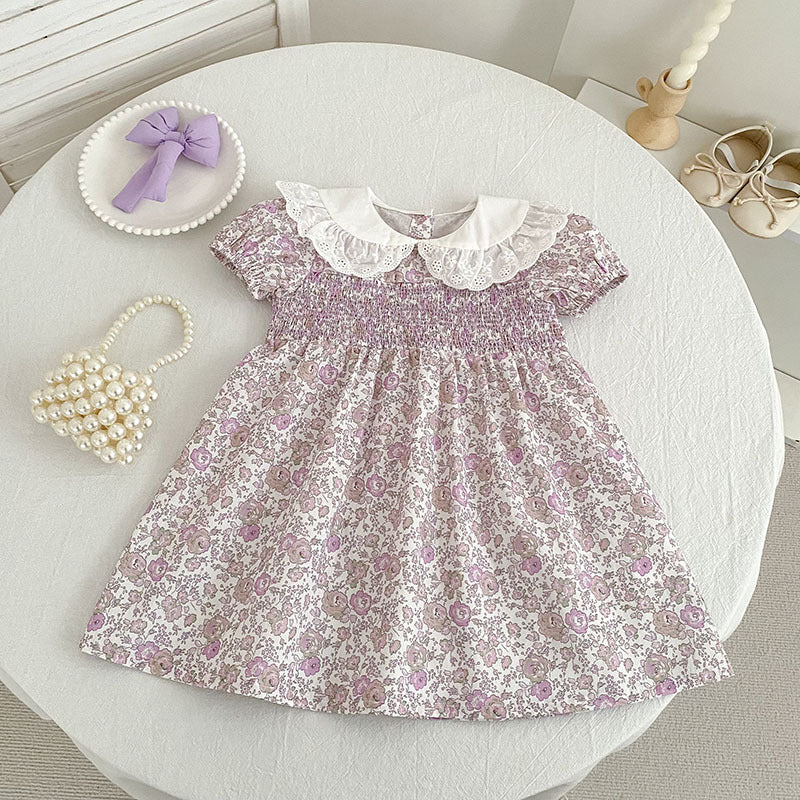 Floral Lace Collar Dress Romper Vestido con cuello de volantes y mangas cortas Mameluco de manga corta【mh0013156】