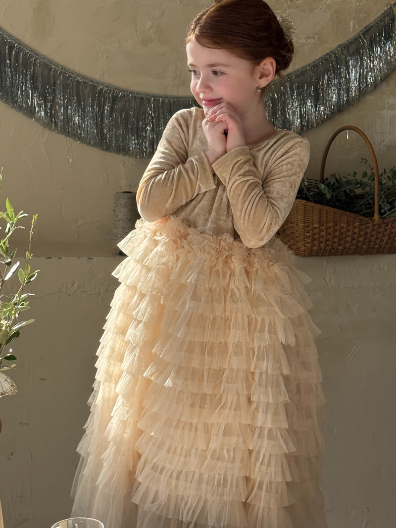 長袖ワンピース ベロア チュチュ チュールスカート パーティドレス【mh0011881】