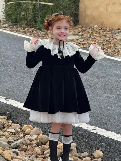 長袖ワンピース レースフリルカラー パーティドレス【mh0011762】