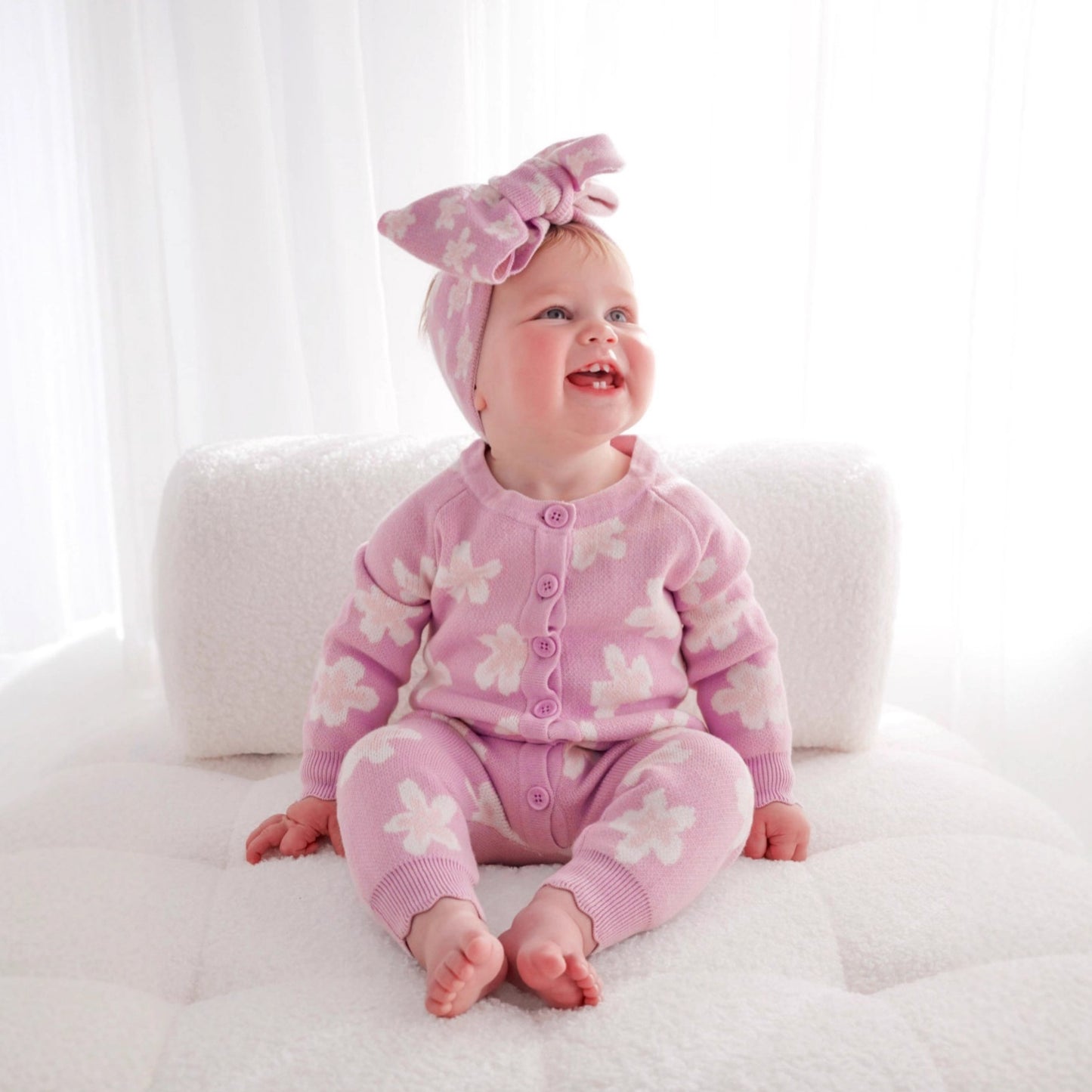 長袖ニットロンパース 花柄 ジャカードニット ジャンプスーツ ヘアバンド【mh0011856】