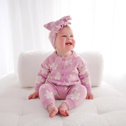 長袖ニットロンパース 花柄 ジャカードニット ジャンプスーツ ヘアバンド【mh0011856】