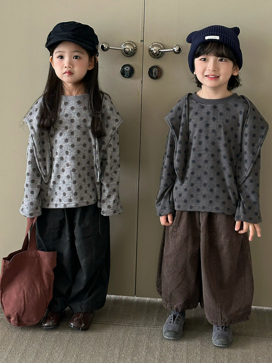 キッズ ドット柄 ドロップショルダー フェイクショール 長袖 Tシャツ【mh0014296】