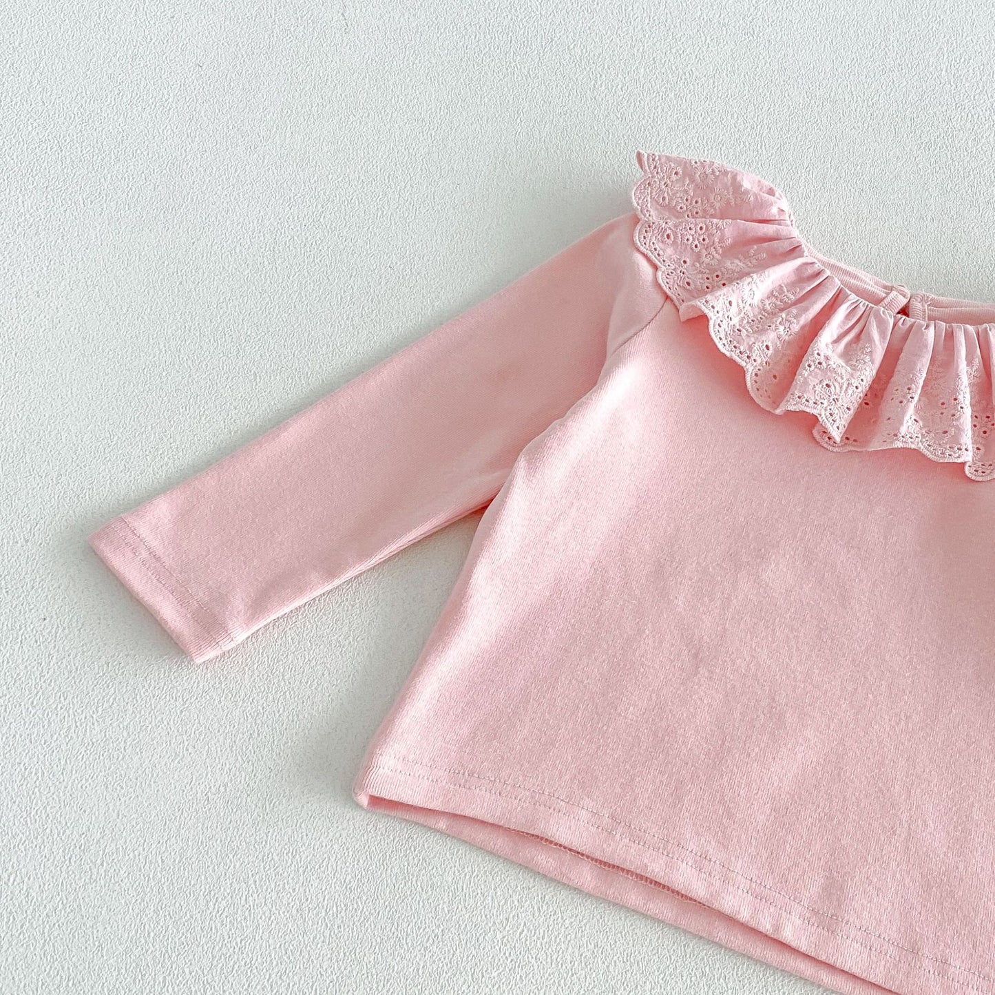 Camiseta de manga larga con cuello y dobladillo de volantes para niñas y pantalón acampanado【mh0014029】