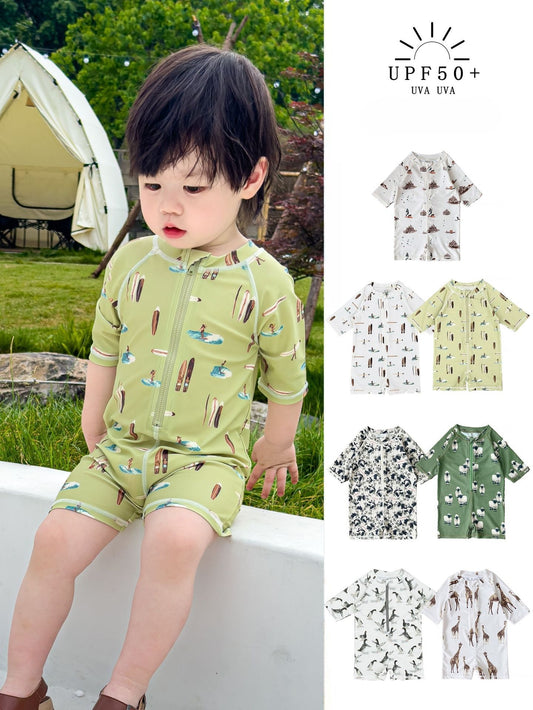 -キッズ水着 ボーイズ 長袖ジップアップつなぎ ワンピース+帽子セット アニマルプリント スイムウェア【mh0005992】 - mamahalo shop - ベビー用水着 -  べビー服 - 子供服 - 男の子 - 女の子