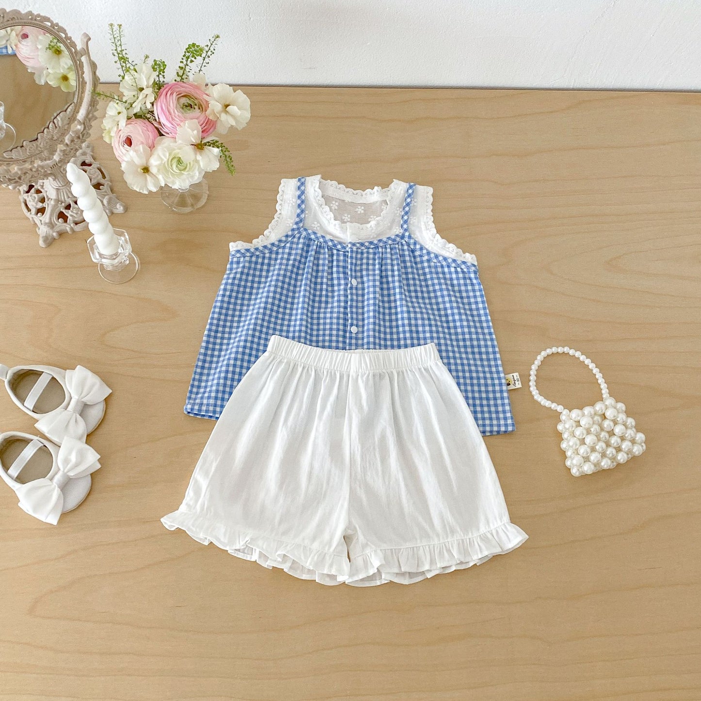 Spaghetti Strap Plaid Top Lace Shorts Set ラッフル ノースリーブチュニック ショートパンツ【mh0013421】