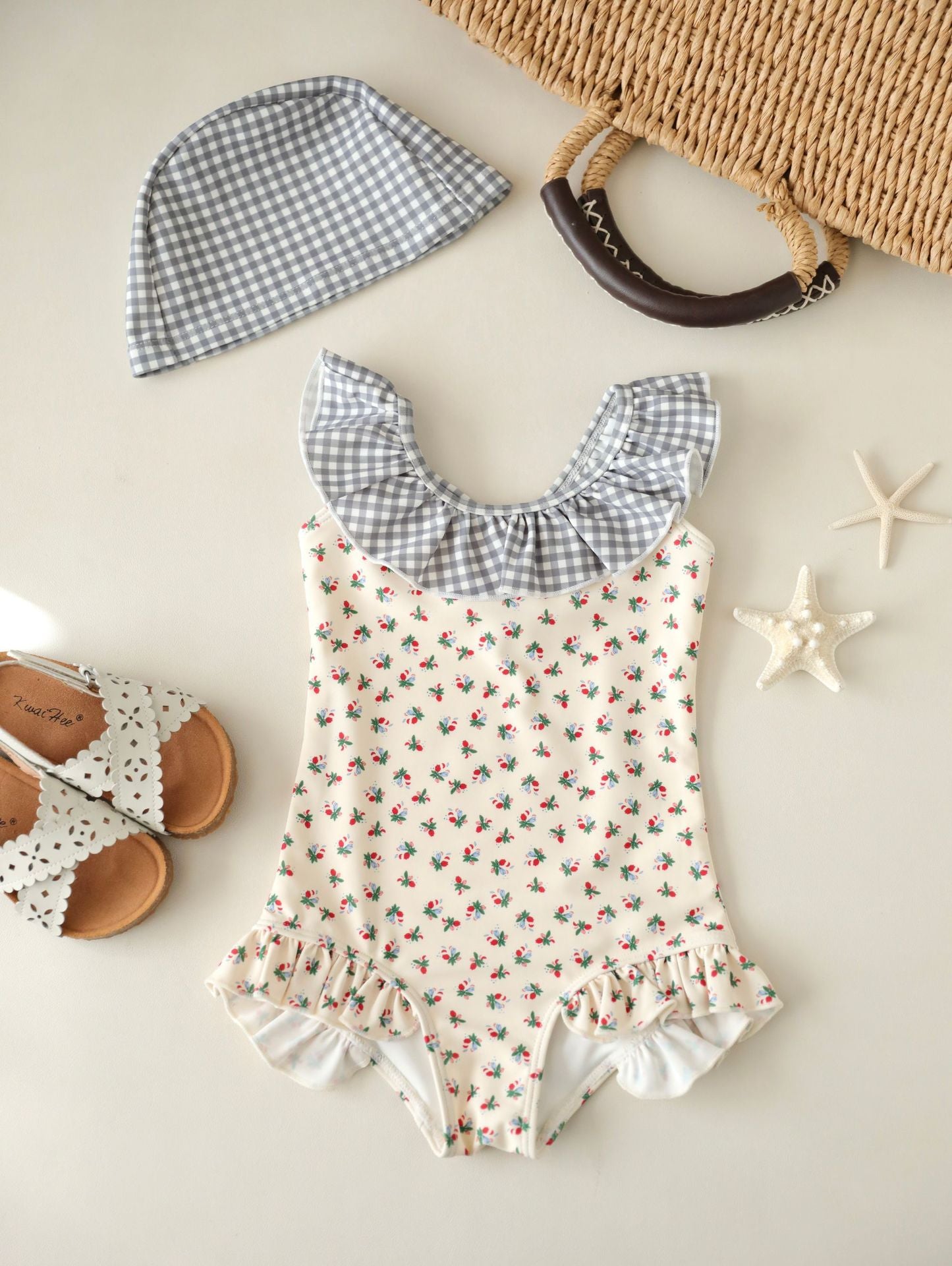 UPF50 Plus Floral Gingham Ruffled One-piece 花柄 ギンガムチェック 水着【mh0012599】