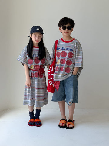 Apple Print Short Sleeve T-Shirt Dress リンゴプリント 半袖Tシャツ 半袖ワンピース【mh0013529】