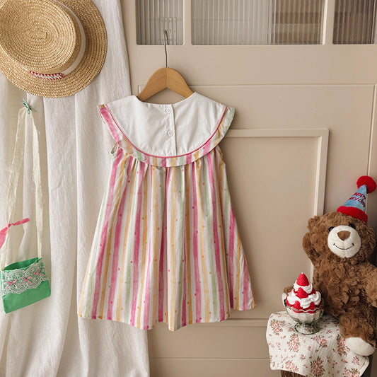 Embroidered Bear Stripe Dress ストライプ ノースリーブワンピース【mh0013652】