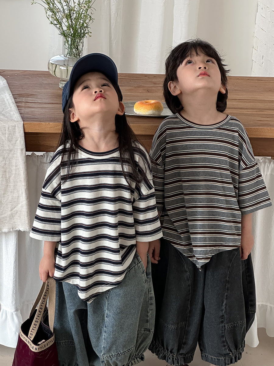 Striped Asymmetrical Hem Cotton Tops ボーダー 半袖Tシャツ【mh0013465】