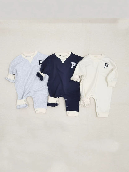 Baby One-Point Initial Color-Blocked Piping Long-Sleeve Romper【mh0014635】