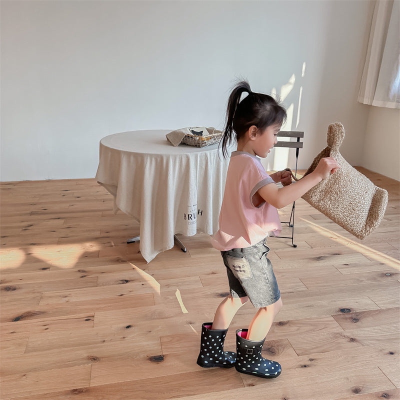 Kids' Alphabet Patchwork Applique Ringer Loose Short-Sleeved T-Shirt [mh0001820]