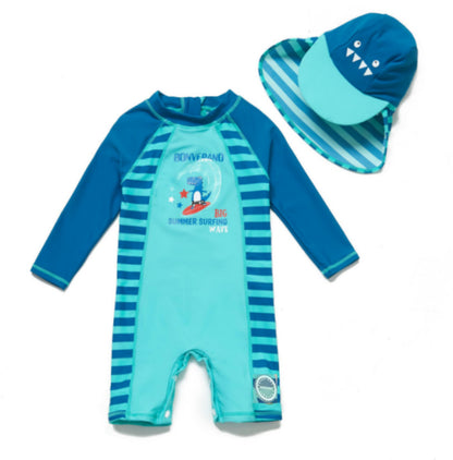 One-Piece Sun Protection Surf Wear プリント 半袖水着 帽子セット【mh0013319】