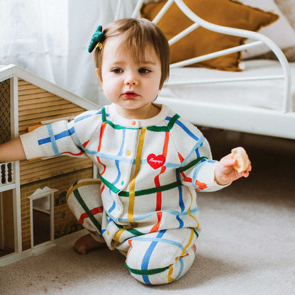 長袖ロンパース コットンニット カラフルチェック柄 ジップアップ カバーオール【mh0011649】