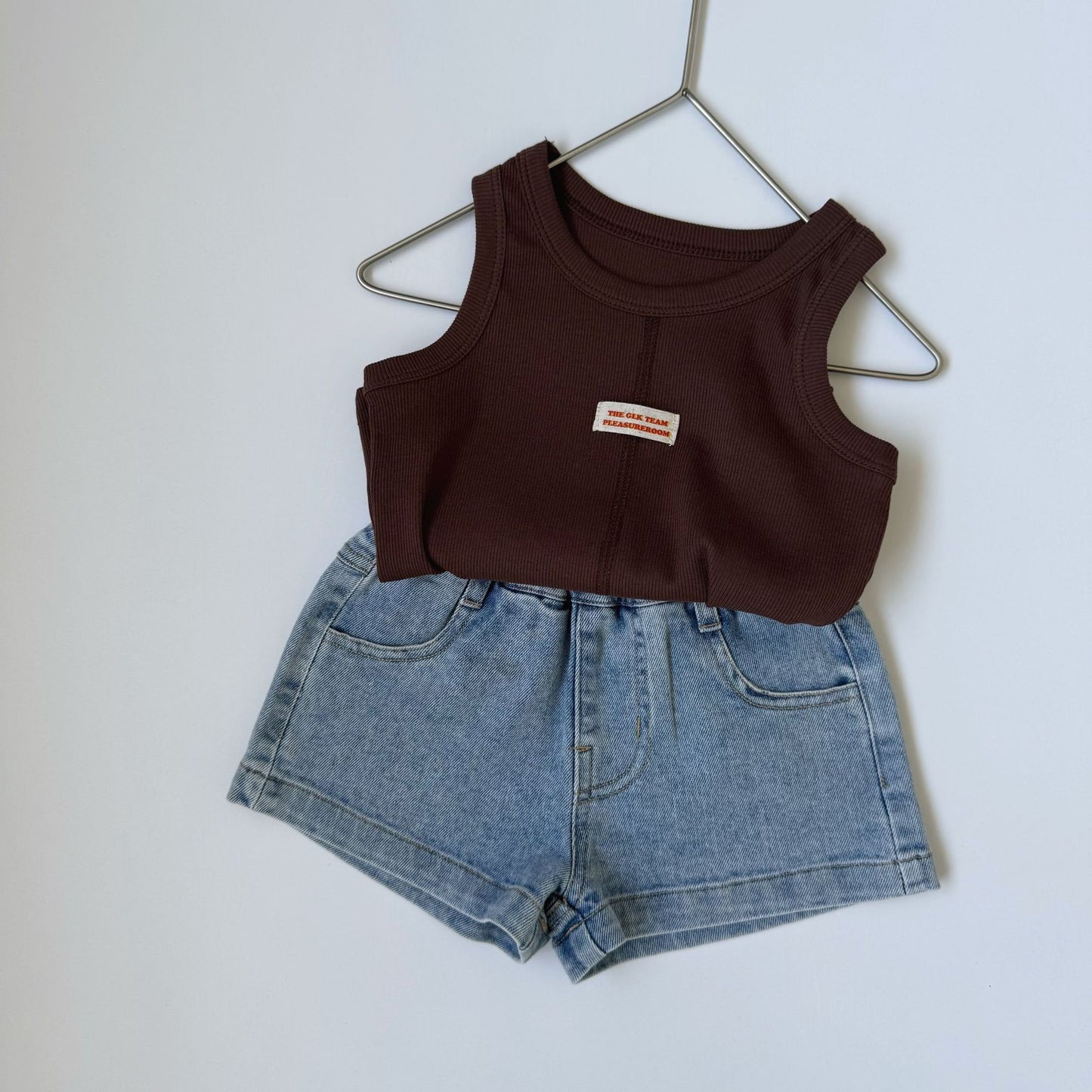 GL-kids Verano coreano Nuevo chaleco simple sin mangas con etiqueta Unisex Color sólido Centro-cosido Camiseta lavada【mh0013645】