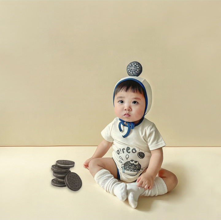Oreo Milk Print Romper Bonnet Set クッキー 半袖ロンパース 帽子 セット【mh0013389】