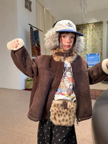 Chaqueta de antelina con cuello de pelo de leopardo y pantalones largos de lunares para niños y jóvenes 【mh0014693】
