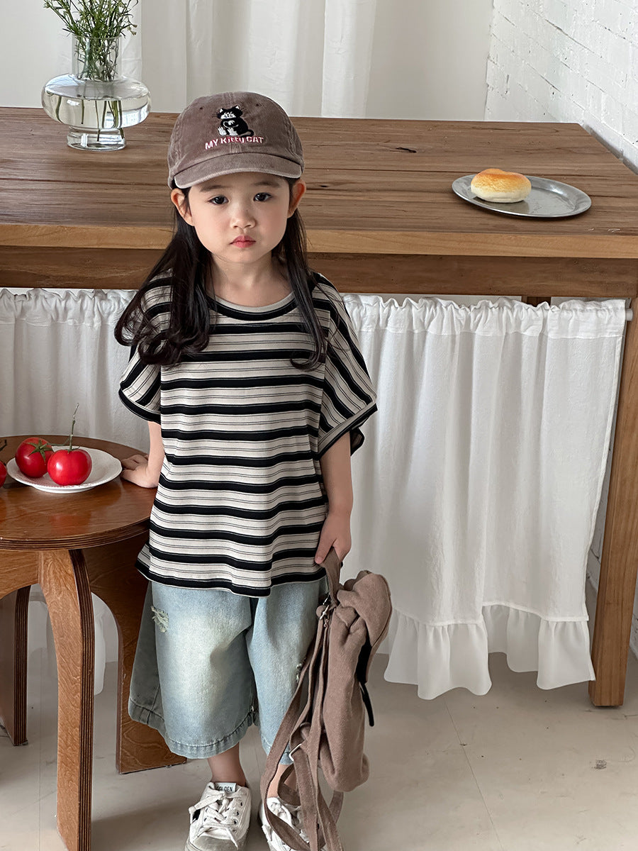 Striped Casual Loose Cotton Tops ボーダー 半袖Tシャツ【mh0013463】