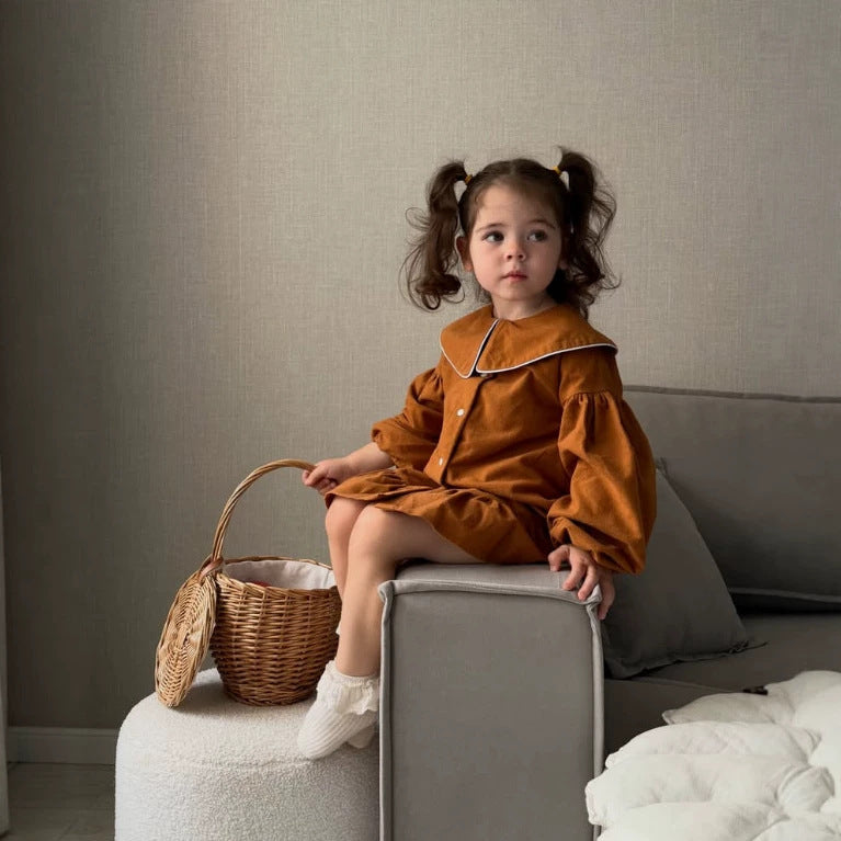 Kids' Piping Round Neck Balloon Sleeve Long Sleeve Dress【mh0014752】