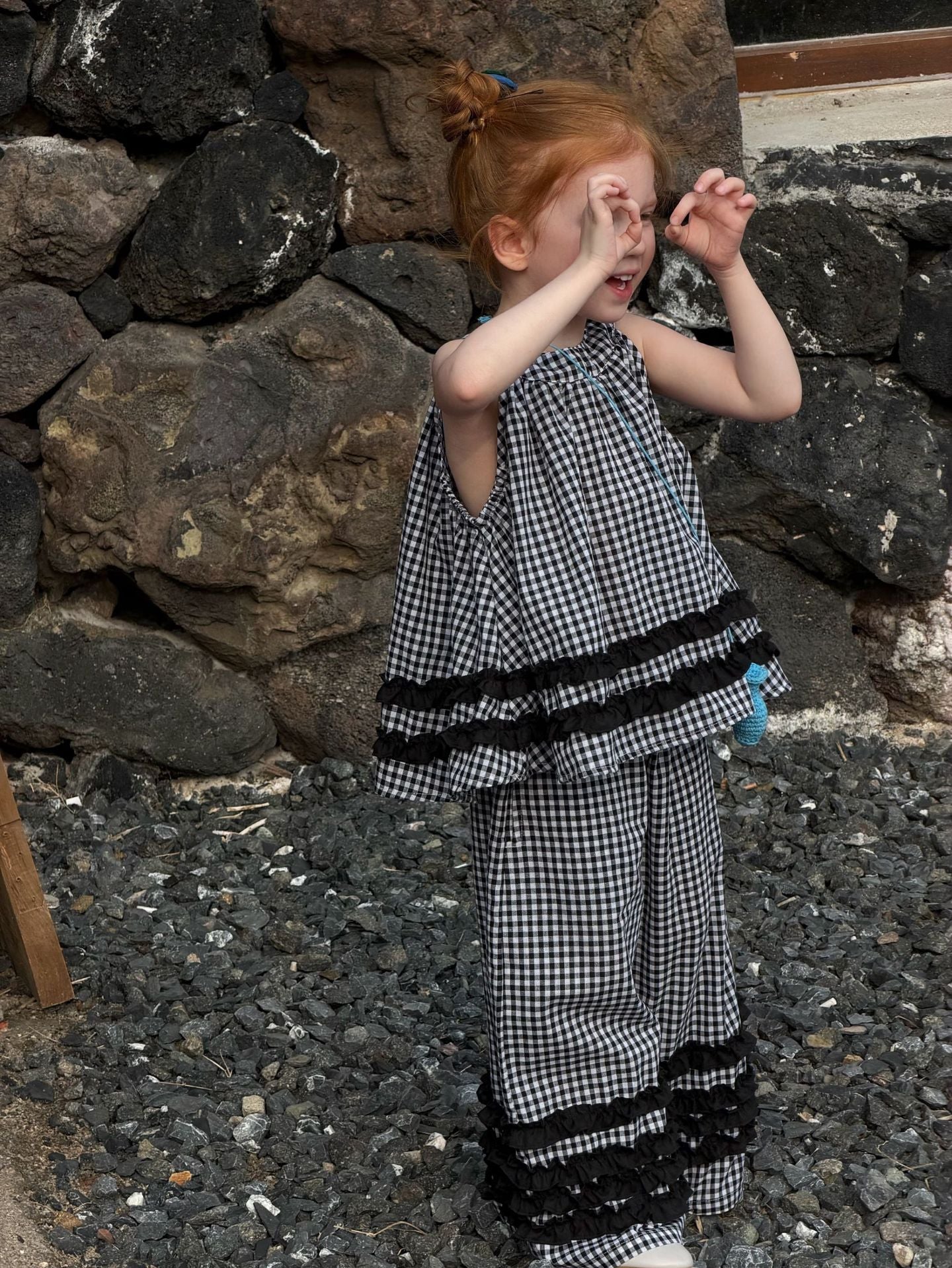 Sleeveless Casual Plaid Two-Piece Set ラッフル ノースリーブトップス ロングパンツ セット【mh0013412】