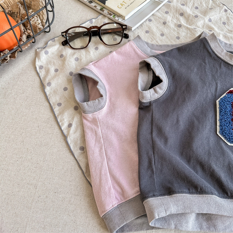 Kids' Alphabet Patchwork Applique Ringer Loose Short-Sleeved T-Shirt [mh0001820]
