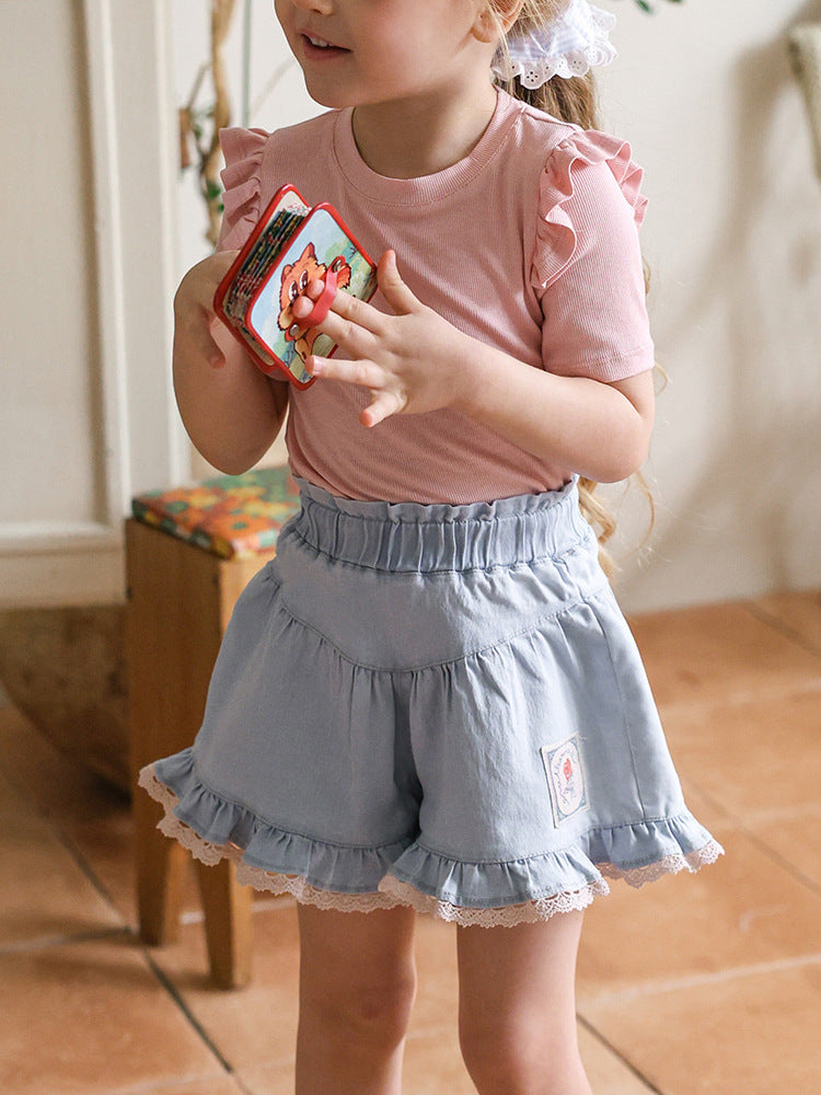 Lace Print Denim Shorts フリル デニムショートパンツ【mh0012981】