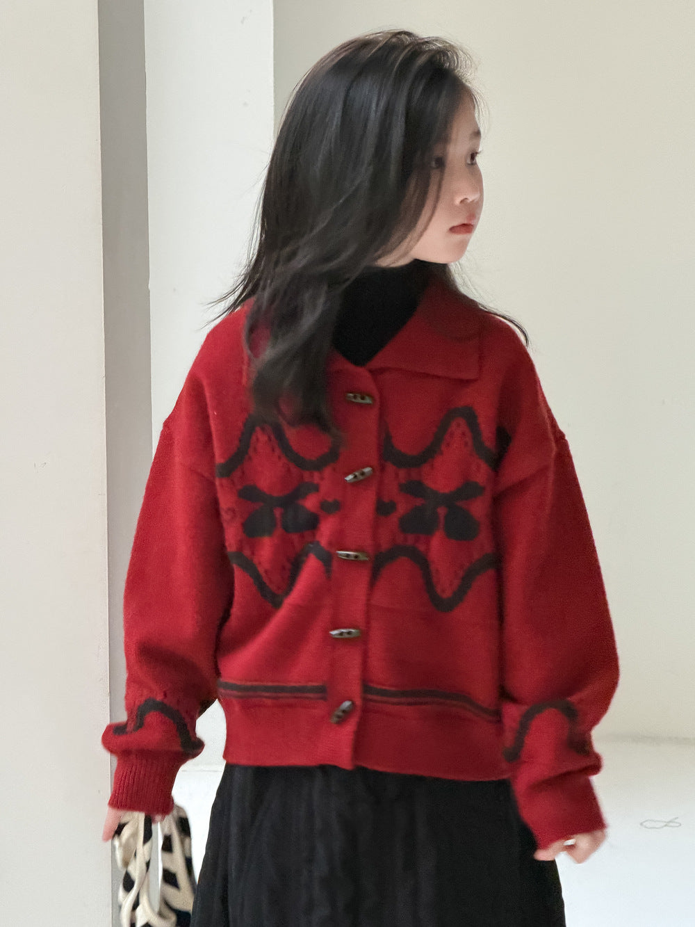 Knit jacket with collar, cherry print, thick cardigan, toggle buttons [mh0011863]