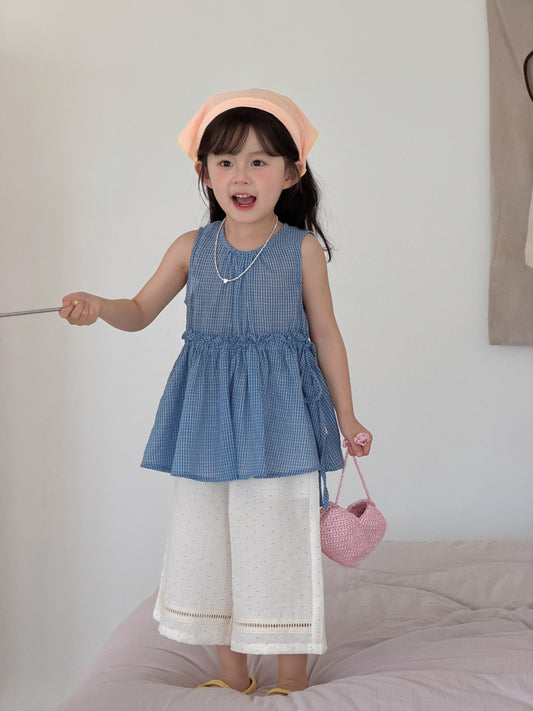 Blue Gingham Sleeveless Peplum Tunic [mh0012746]