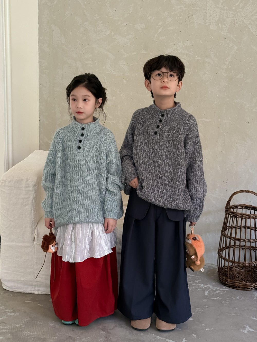 -スタンドネックボタン付きニットセーター スタンドカラーハイネックトップス【mh0010966】 - mamahalo shop - ニット・セーター -  べビー服 - 子供服 - 男の子 - 女の子