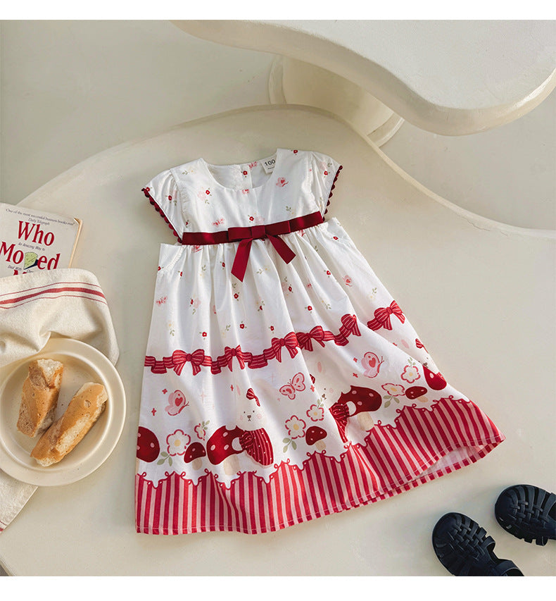 Mushroom Ribbon Print Dress リボン ノースリーブワンピース【mh0013657】