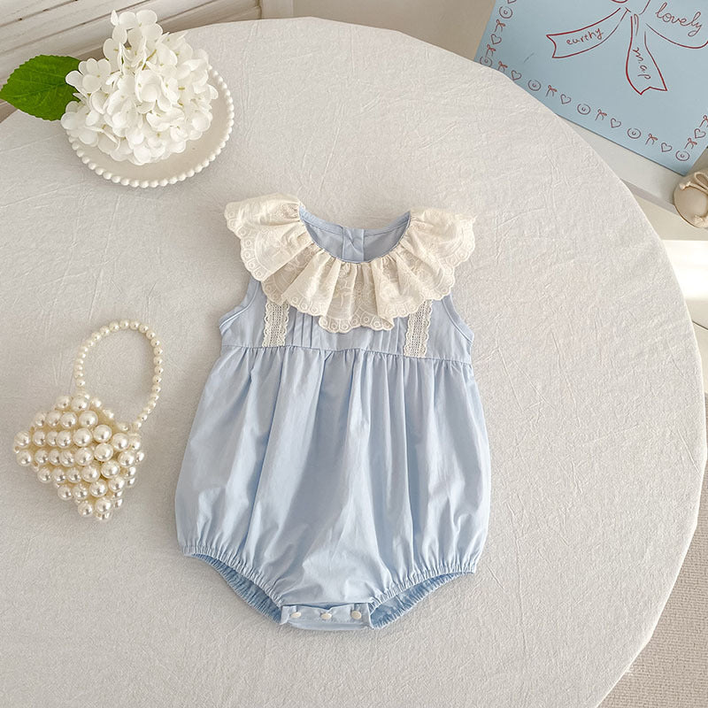Vestido midi tipo pelele con cuello de encaje con volantes【mh0013162】