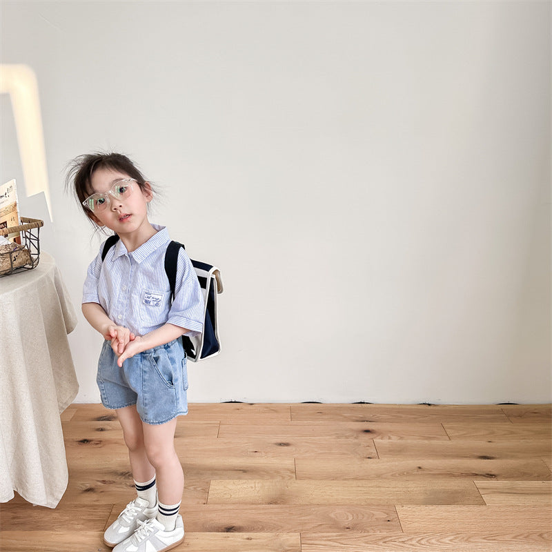 キッズ デニム ショートパンツ ブルー ウエストゴム仕様 ポケット付き