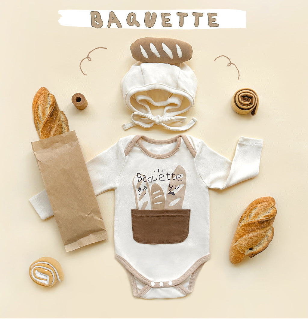 Baguette Motif Long Sleeve Romper Bonnet Set バゲット 長袖ロンパース 帽子 セット【mh0013396】