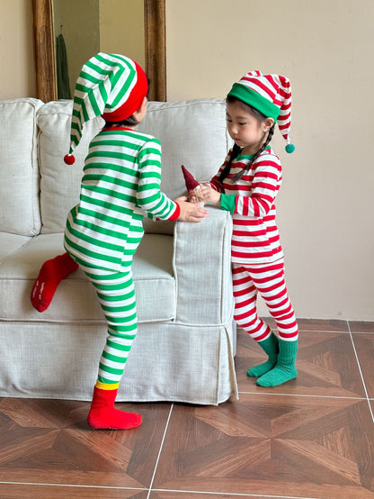 Kids' striped long-sleeve T-shirt, easy-fit long pants, and pom-pom motif cap: 3-piece set【mh0008100】