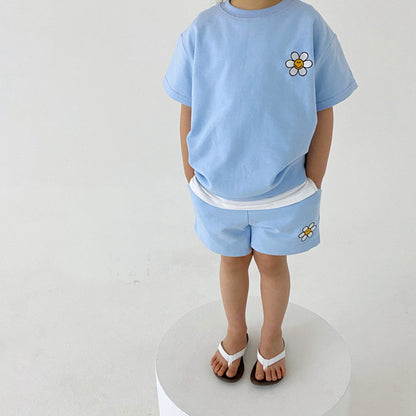 ベビー用半袖Tシャツ＋ショートパンツセット（ブルー花モチーフ）