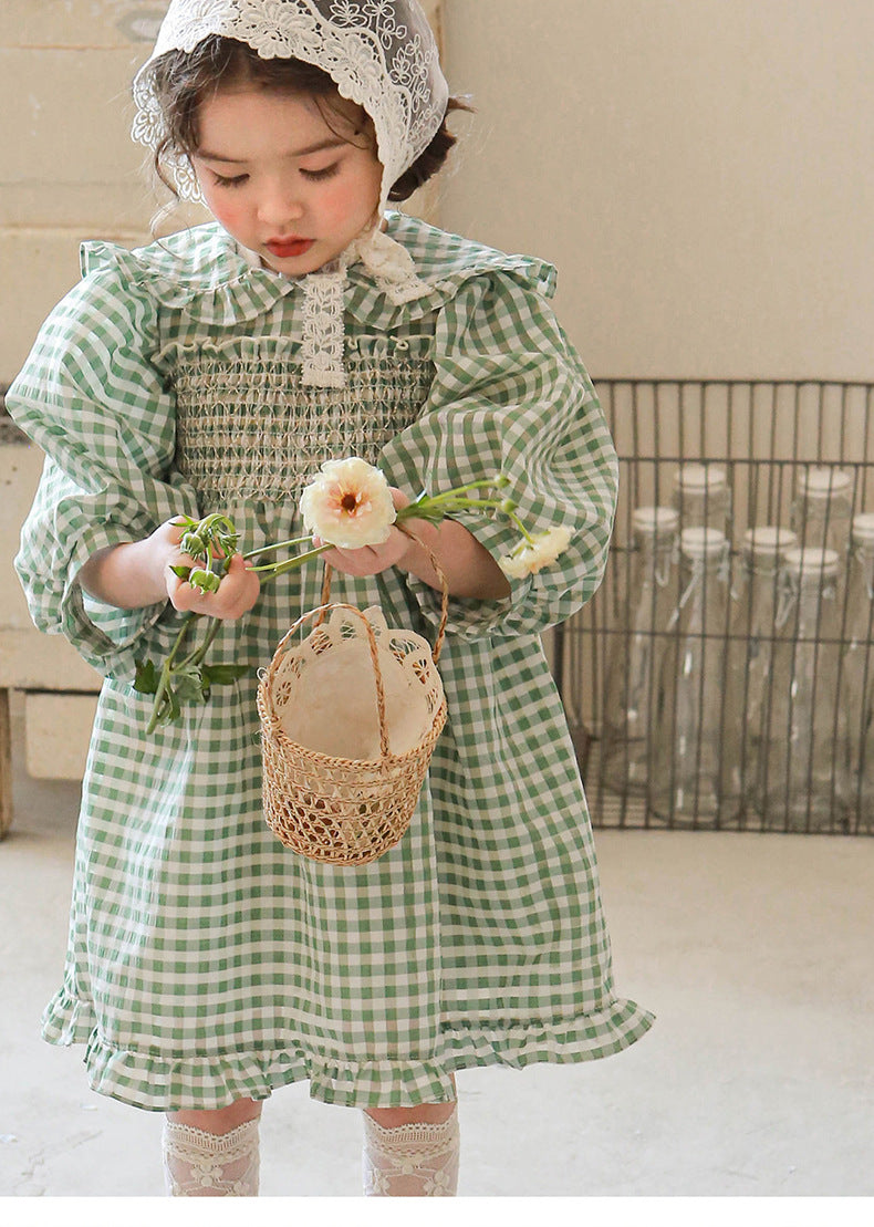 Puff Sleeve Plaid Flower Dress パフスリーブ チェック フラワー ワンピース【mh0001542】